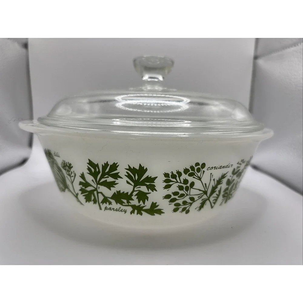 Vintage Glasbake J514 Green‎ Herbs 2 Quart Casserole Baking Dish w/ Lid, Chipped